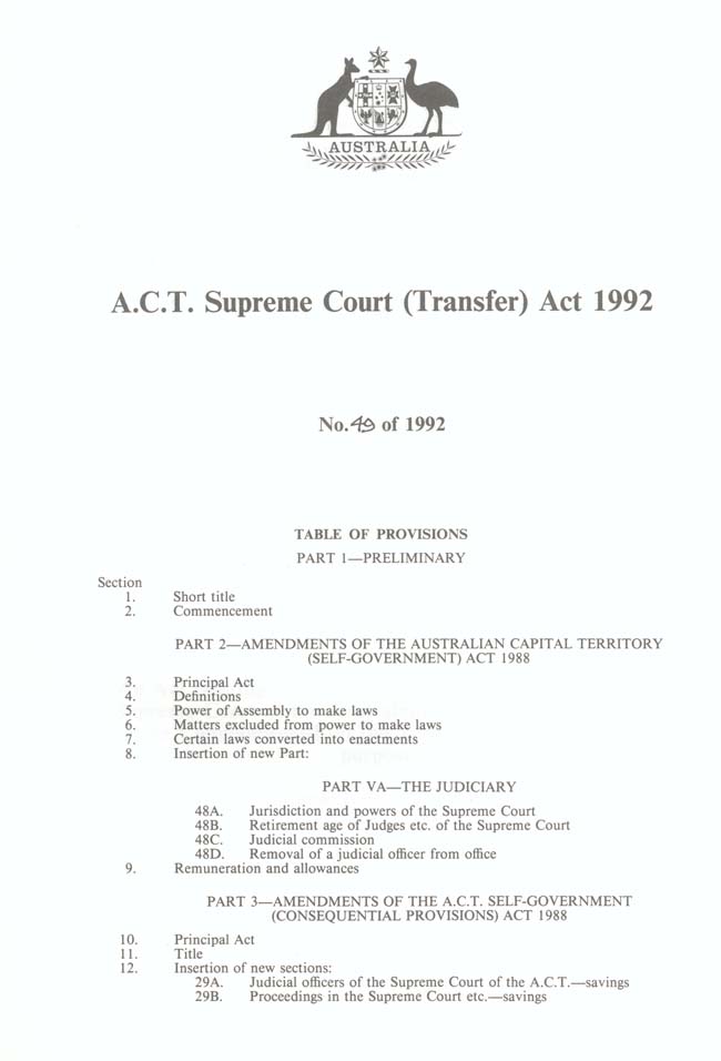 ACT Supreme Court Transfer Act 1992 (Cth), contents