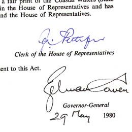 Detail showing signatures of Zelman Cowen and the Clerk of the House of Representatives.