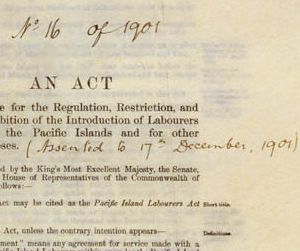 Detail of the front cover of the Pacific Island Labourers Act 1901 (Cth).