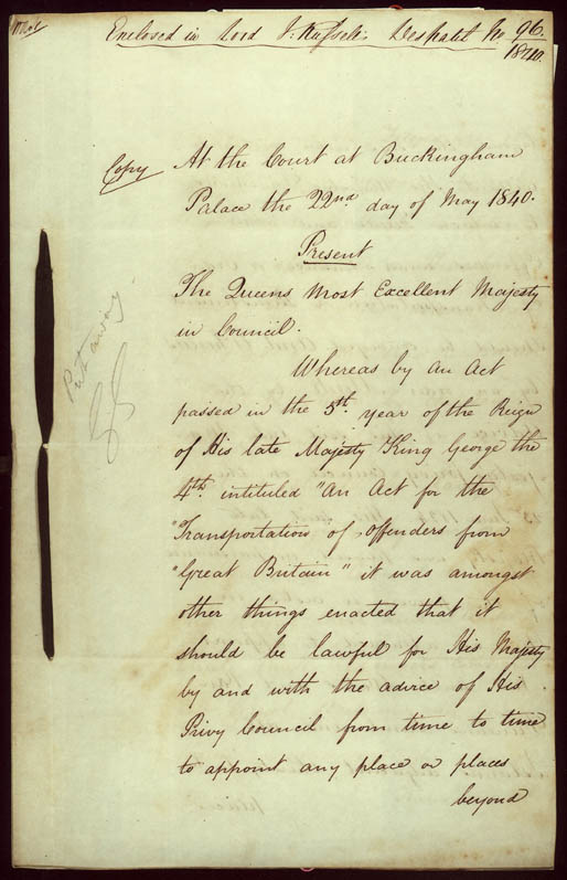 Order-in-Council ending transportation of convicts 22 May 1840 (UK), p1