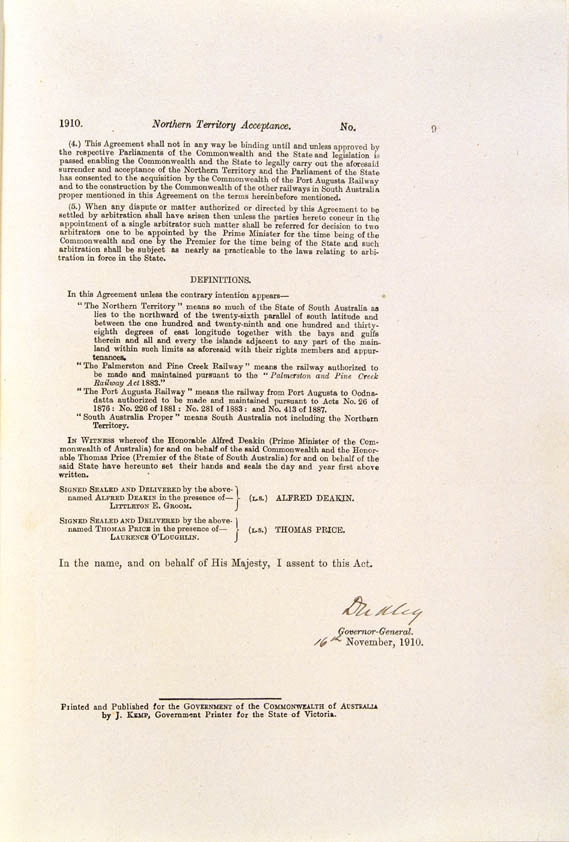 Northern Territory Acceptance Act 1910 (Cth), p9