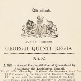 Detail from front cover of the Constitution Act Amendment Act 1922 (Qld) showing the crest and full title of the Bill.
