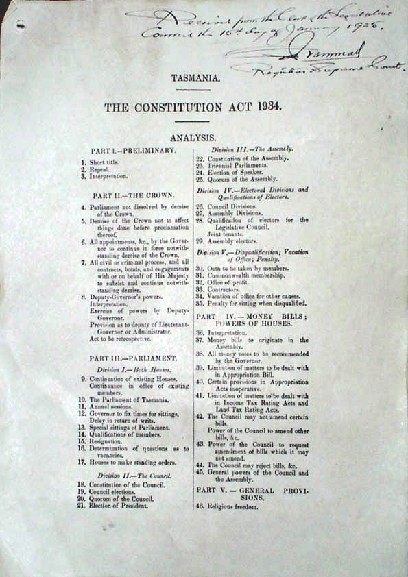 Constitution Act 1934 (Tas), contents