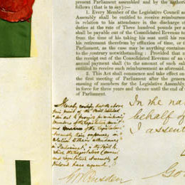 This detail on the title page of the Payment of Members Act 1870 (Vic) shows the handwritten assent to the act and signatures of the Governor and Clerk of the Parliament.