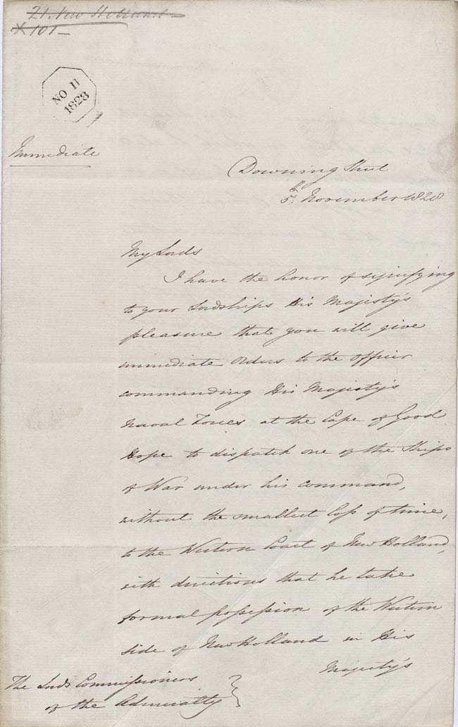 Instructions to the Admiralty to take formal possession of the western portion of the continent 5 November 1828 (UK), p1