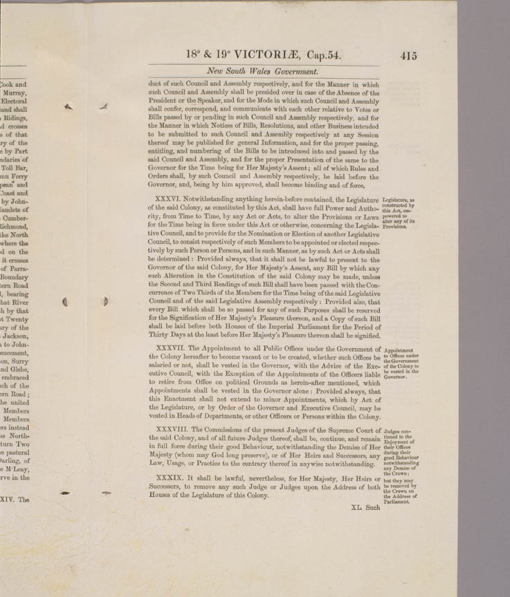 New South Wales Constitution Act 1855 (UK), p415