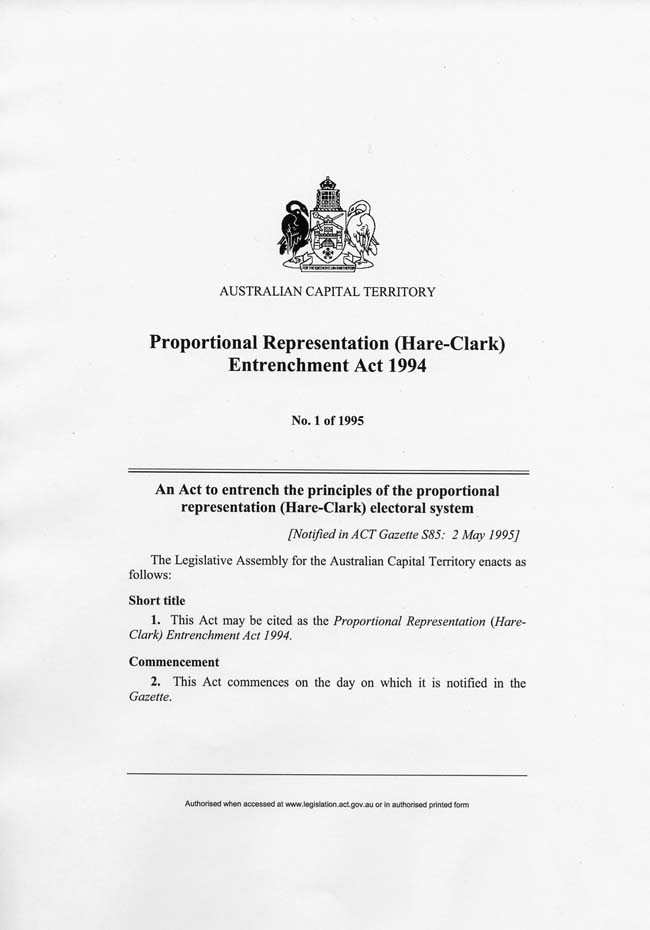 ACT Proportional Representation (Hare-Clark) Entrenchment Act 1994 (ACT), p1