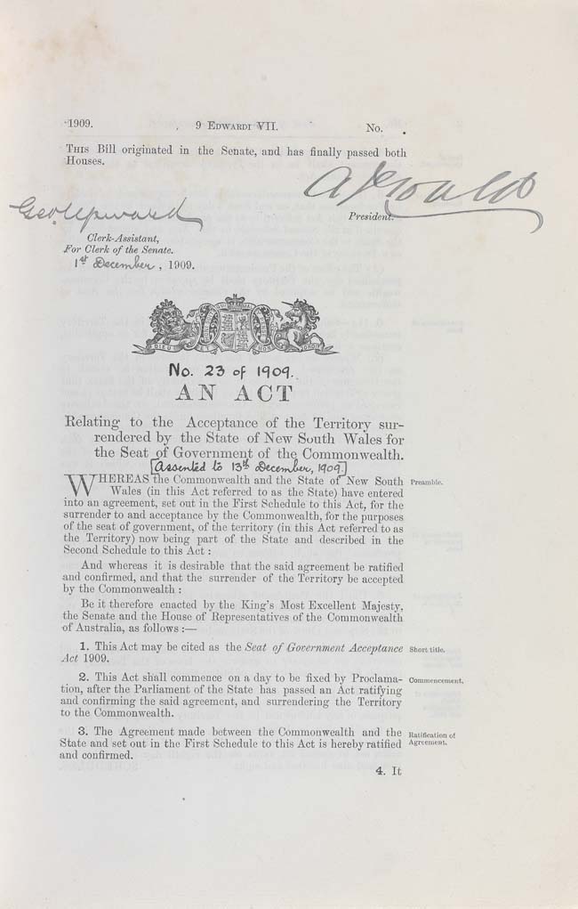 Seat of Government Acceptance Act 1909 (Cth), p1