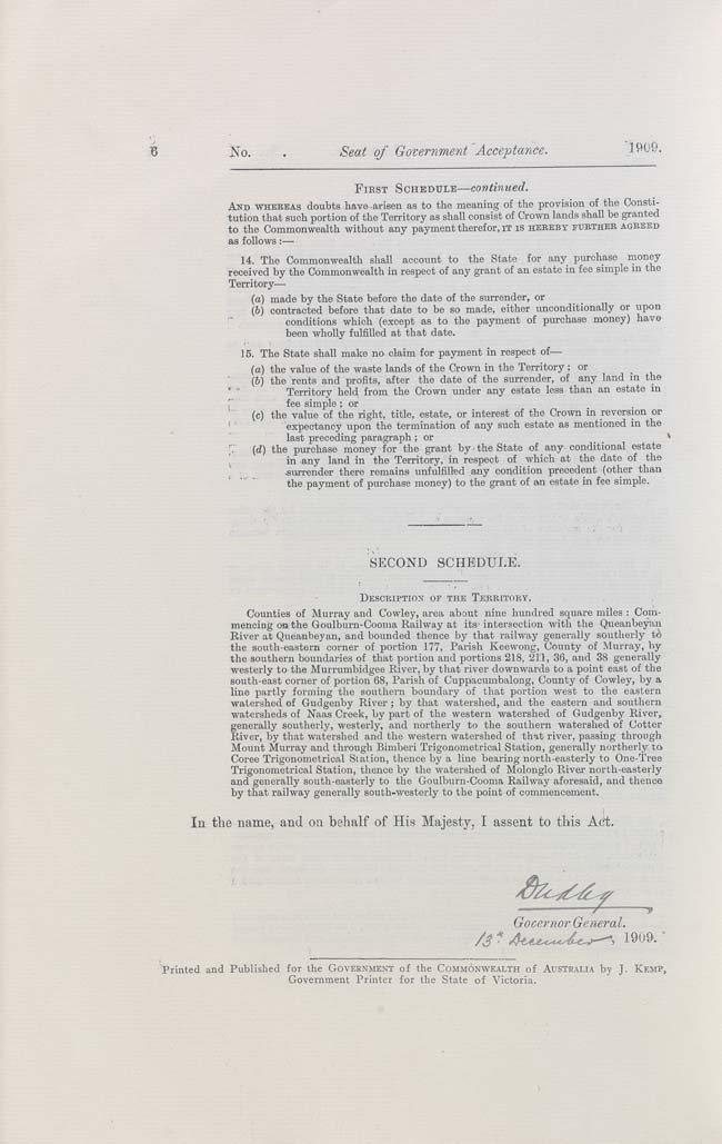 Seat of Government Acceptance Act 1909 (Cth), p6