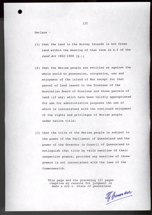 Mabo v Queensland No. 2 1992 (Cth), p122