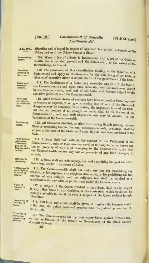 Commonwealth of Australia Constitution Act 1900 (UK), p22