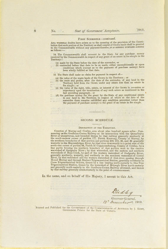 Seat of Government Acceptance Act 1909 (Cth), p6