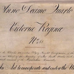 Detail showing the ornate heading from the first page of the University of Sydney Act 1850 (NSW).