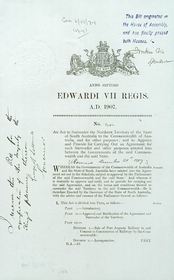 Northern Territory Surrender Act 1908 (SA), p1
