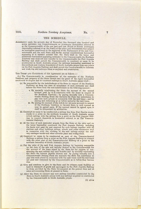 Northern Territory Acceptance Act 1910 (Cth), p7