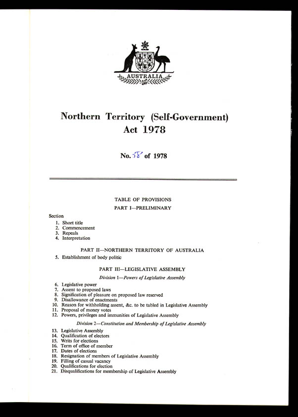 Northern Territory (Self-Government) Act 1978 (Cth), contents1