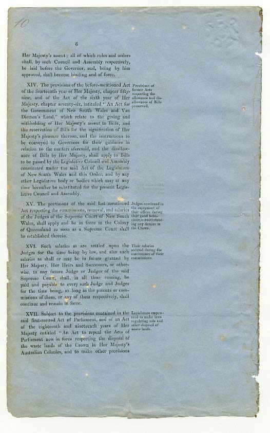 Order-in-Council establishing Representative Government in Queensland 6 June 1859 (UK), p10