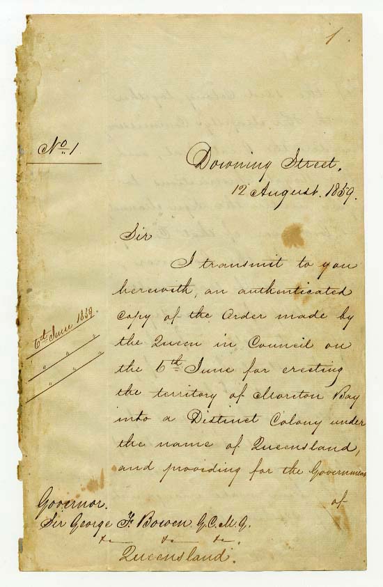 Order-in-Council establishing Representative Government in Queensland 6 June 1859 (UK), p1