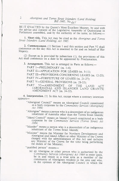 Aborigines and Torres Strait Islanders (Land Holding) Act 1985 (Qld), p2