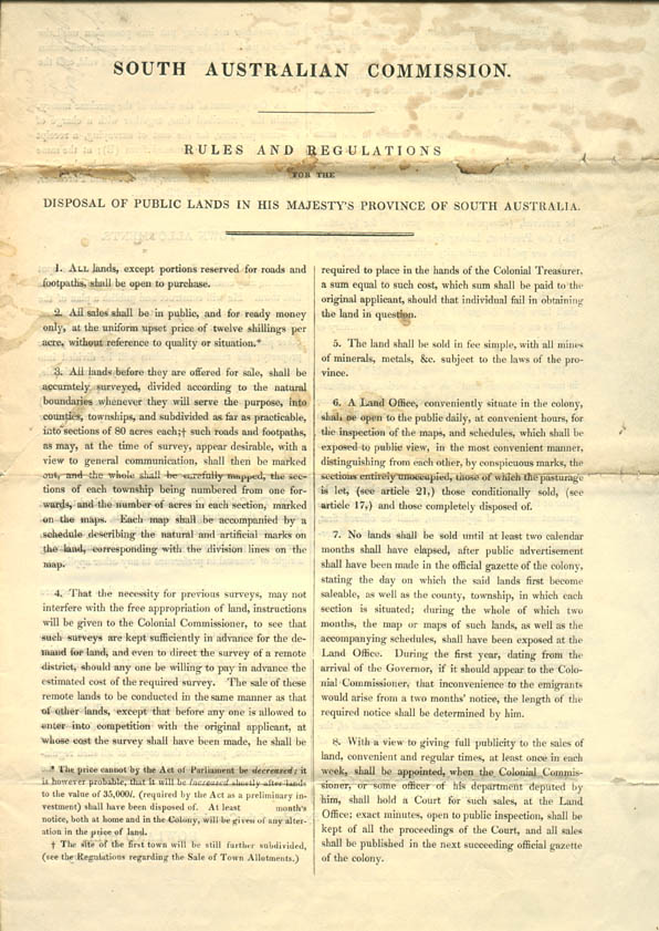 South Australian Commission Land Sale Regulations 1835 (issued by the Commissioners in the UK), p1