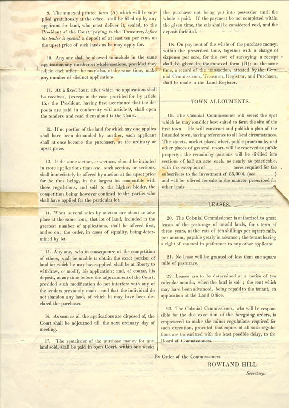 South Australian Commission Land Sale Regulations 1835 (issued by the Commissioners in the UK), p2
