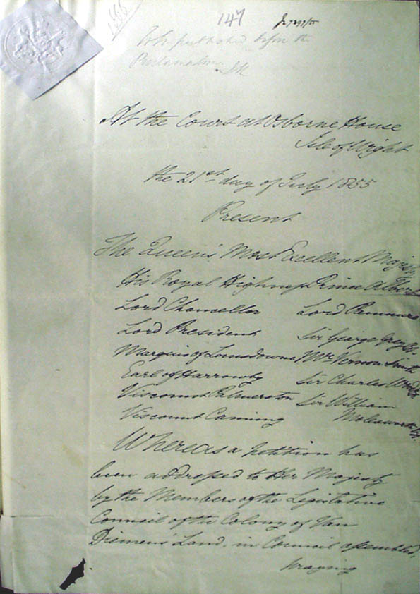 Order-in-Council changing name to Tasmania 21 July 1855 (UK), p1