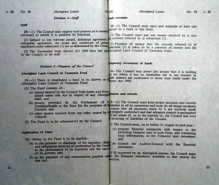 Aboriginal Lands Act 1995 (Tas), pp12-13