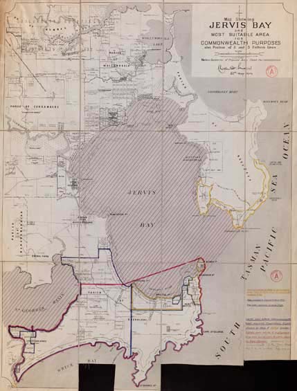 Map showing Jervis Bay and most suitable area for Commonwealth purposes